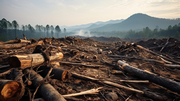 This image shows the aftermath of a forest clearing presenting a wide view of tree stumps and scattered debris across a vast landscape leading to mountains in the distance under a serene dawn sky