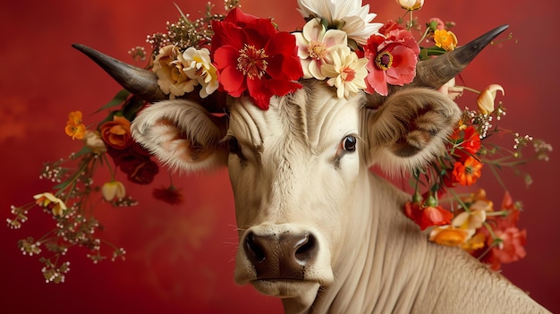 This image shows a beautiful cow with a wreath of flowers on its head The cow is standing against a red background and looking at the camera