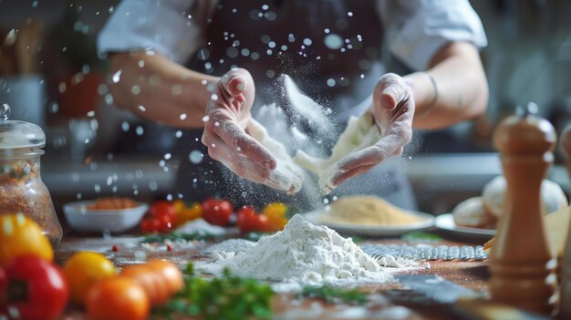 Foto questa immagine mostra un cuoco in cucina che prepara alcuni ingredienti per la cottura