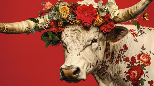 Photo this image shows a close up of a white cow with a floral headdress the cow is facing the viewer with its head turned slightly to the right