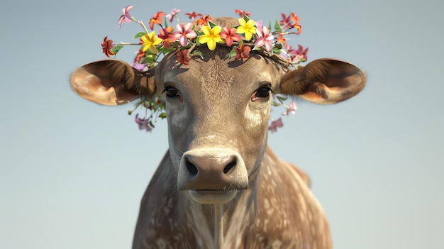 This image shows a closeup of a cow wearing a flower crown The cow is looking at the camera with a calm expression