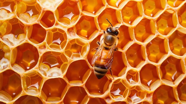 Photo this image shows a closeup of a honeycomb with a bee on it