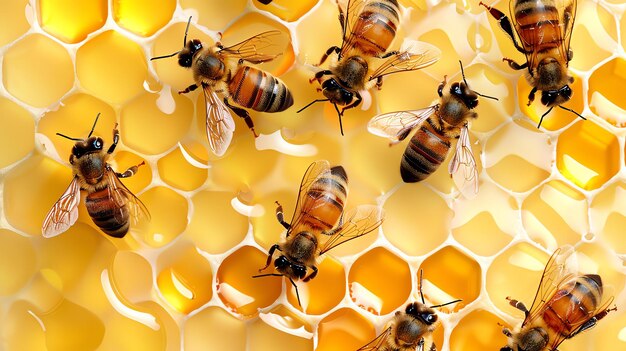 Photo this image shows a closeup of a honeycomb with bees crawling on it the bees are brown and black and the honeycomb is yellow and brown