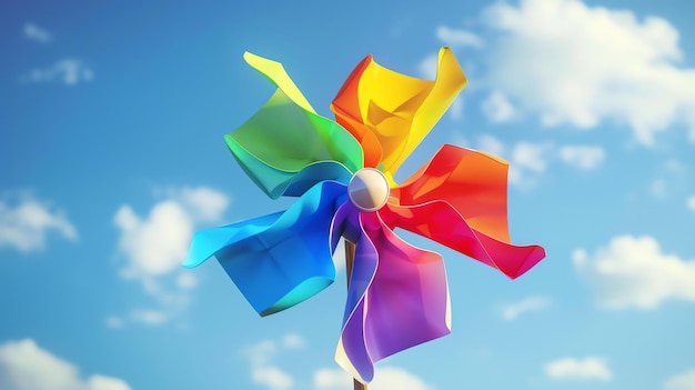 This image shows a colorful pinwheel spinning in the wind against a blue sky and white clouds