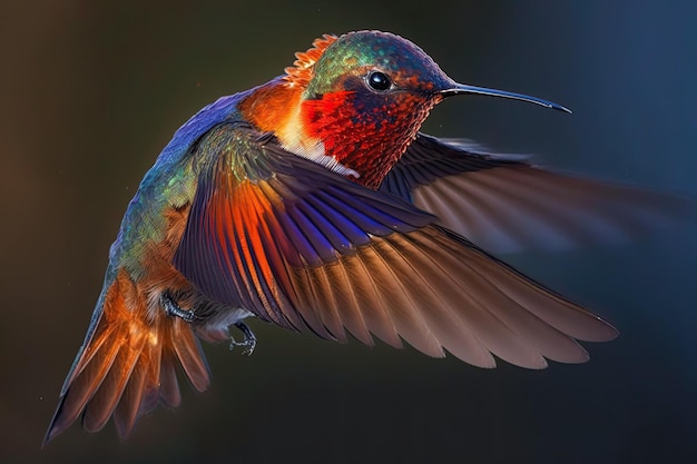 This image shows a colorful red humming bird mid flight as it looks for it39s next meal