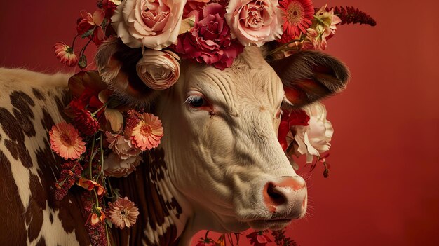 This image shows a cow wearing a wreath of flowers The cow is standing in front of a red background and the flowers are pink white and red