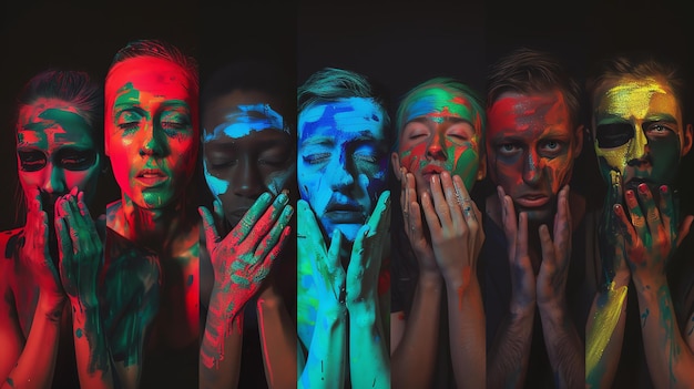 This image shows five people with colorful paint on their faces The people are all looking at the camera with serious expressions