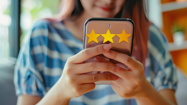 This image shows a girl using a smartphone to press the three stars rating icon This image shows feedback from users quality assessment and product and service ratings