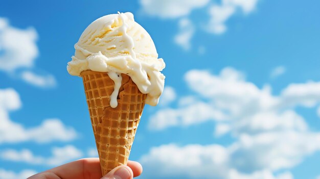 Photo this image shows a hand holding an ice cream cone with a large scoop of vanilla ice cream