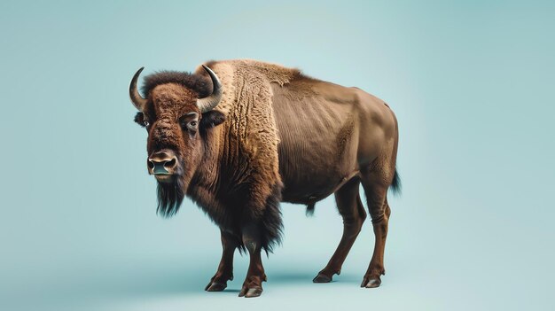 Photo this image shows a large majestic bison standing on a blue background the bison is facing the viewer with its head turned slightly to the left