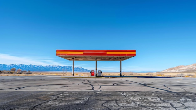 This image shows a lonely gas station in the middle of a vast desert landscape