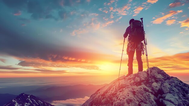 Foto questa immagine mostra una persona in piedi sulla cima di una montagna che guarda un bellissimo tramonto