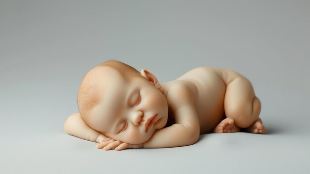 This image shows a sleeping newborn baby The baby is lying on its side with its head resting on its arm