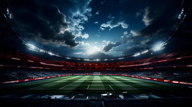 This image shows a soccer stadium bathed in the light of a setting sun