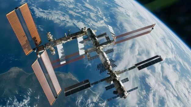 Фото На этом изображении показана международная космическая станция и астронавт в космосе над землей.