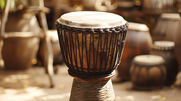 Photo this image shows a traditional african djembe drum the drum is made of wood and has a goatskin head