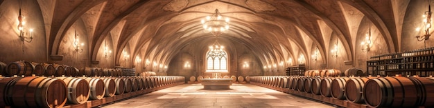 This image shows a very large room with numerous wooden barrels likely used for storing vintage wine