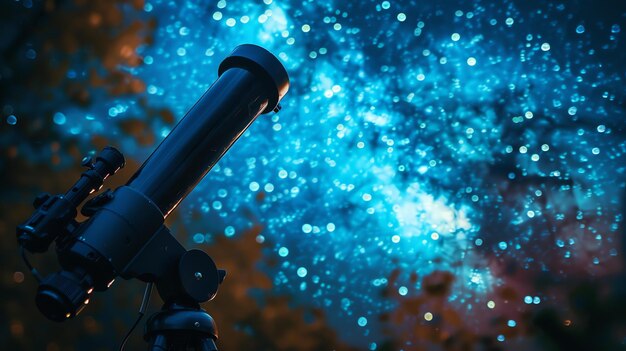 Photo this image shows a view of the night sky through a telescope the telescope is pointed up at a dark blue sky filled with bright stars