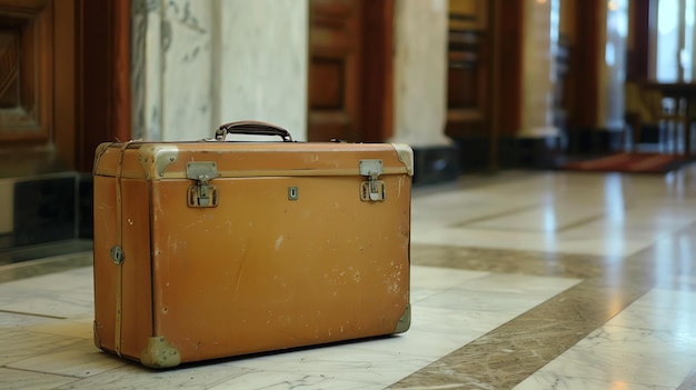 Foto questa immagine mostra una valigia marrone vintage seduta su un pavimento di marmo in un corridoio la valigia è fatta di pelle con ferramenta metallica