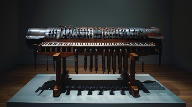 This image shows a vintage wooden mechanical musical instrument with a keyboard It is isolated on a white surface against a dark background