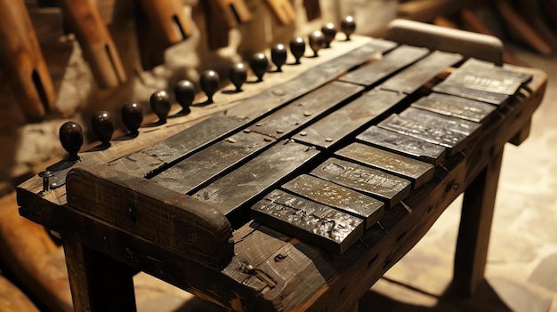 This image shows a vintage wooden xylophone with metal bars The xylophone is placed on a wooden table The xylophone has black and white keys