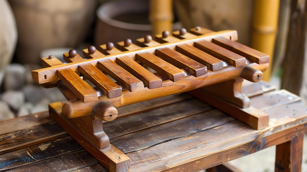 This image shows a wooden xylophone placed on a wooden table