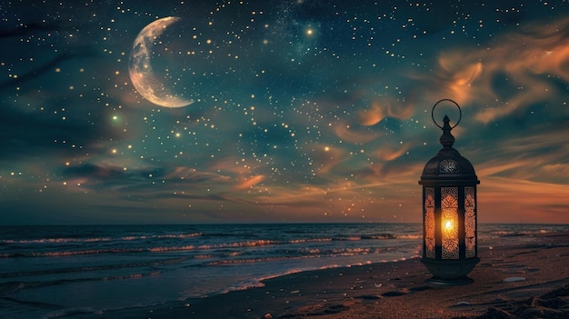 In this image there is a beautiful lantern lamp placed on a beach with a crescent moon in the night