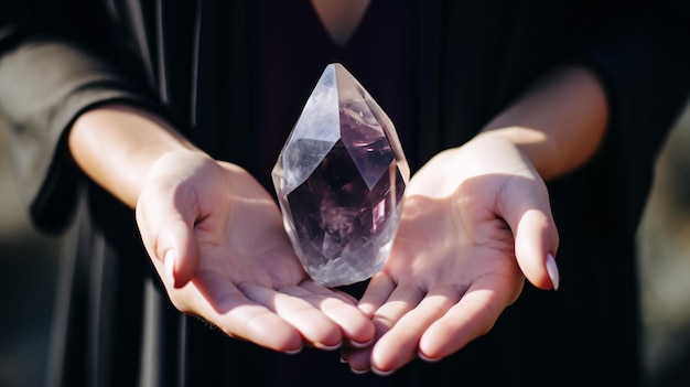 In this image a woman's hands clutch a crystal evoking thoughts of occult symbolism and spiritual devotion