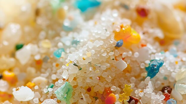 写真 マイクロプラスチックの現象は私たちの食連鎖にどのように浸透しているかそして海塩と宇宙の部分にどのように現れたかを描写しています - ザ・エイ