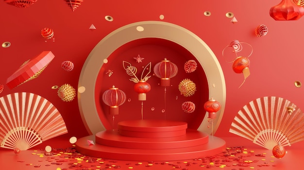 Photo this is a 3d festive cny background with a podium paper fan gold and confetti decorations the text reads fortune