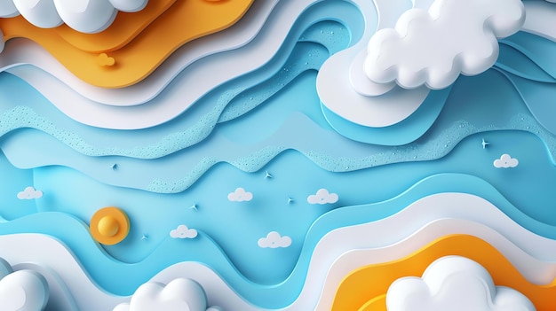 This is a 3D illustration of a blue and white seascape with clouds The image has a papercut style and a minimalist design