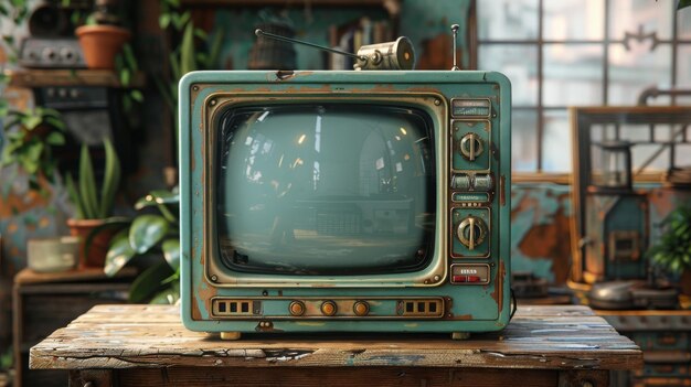 This is a 3D illustration of a vintage steampunk television screen