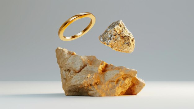 Это 3D-рендеринг абстрактного золотого самородка, изолированного на белом фоне. Золотой каменный камень и золотое кольцо левитуют, создавая привлекательные минималистские обои.