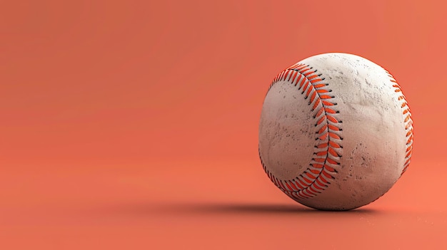 This is a 3D rendering of a baseball on a pink background The baseball is old and worn with red stitching The background is a solid pink color