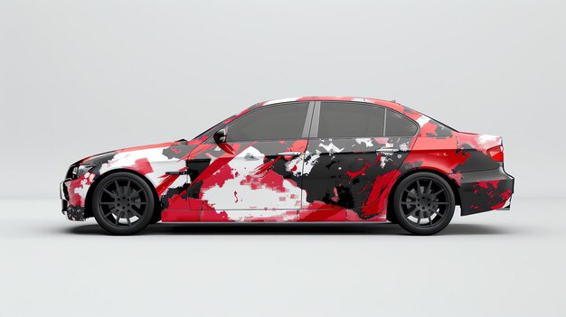 Photo this is a 3d rendering of a black red and white sports car the car is viewed from the side and is set against a white background