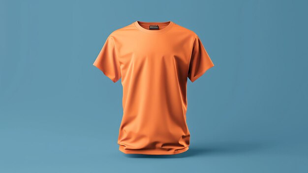 This is a 3D rendering of a blank orange tshirt on a blue background The shirt is made of a soft cottonlike material and has a relaxed fit