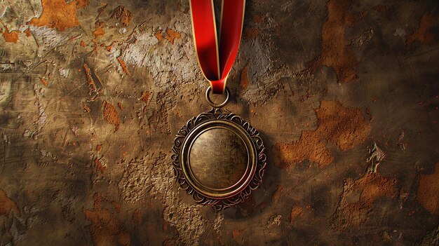 Photo this is a 3d rendering of a bronze medal hanging from a red ribbon