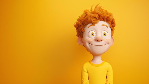 This is a 3D rendering of a cartoon character It is a boy with red hair and freckles