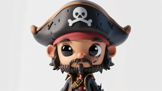 This is a 3D rendering of a cartoon pirate He is wearing a black hat with a skull and crossbones on it a red bandana and a black vest