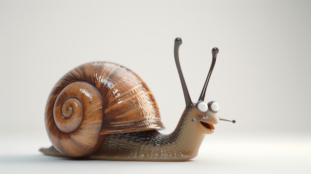 This is a 3D rendering of a cartoon snail The snail has a brown shell and a light brown body It is smiling and has its eyes wide open