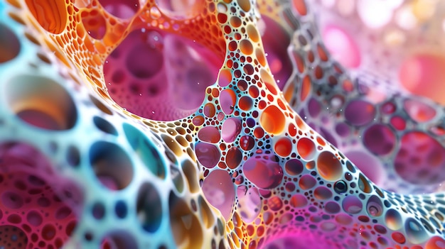 Photo this is a 3d rendering of a colorful organic structure the structure looks like a cross between a coral reef and a honeycomb