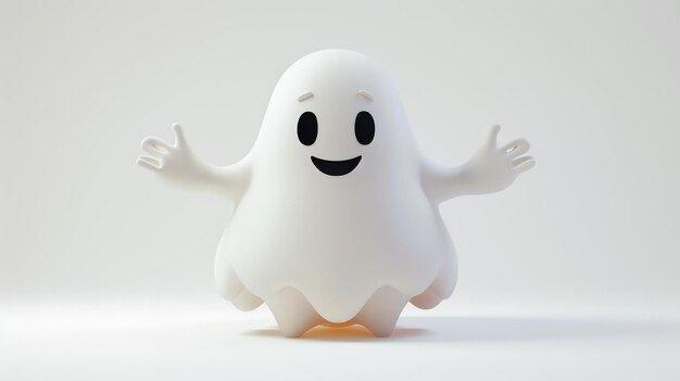 This is a 3D rendering of a cute and friendly ghost The ghost is white and has a simple happy expression on its face