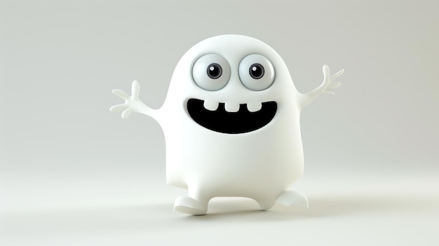 This is a 3D rendering of a cute and friendly white blob character