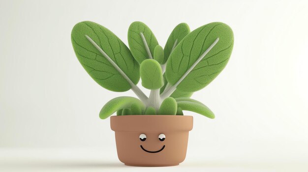 Photo this is a 3d rendering of a cute and happy potted plant the plant has big round leaves and a smiley face on the pot