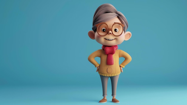 Photo this is a 3d rendering of a cute old man he is wearing a yellow sweater red scarf and glasses