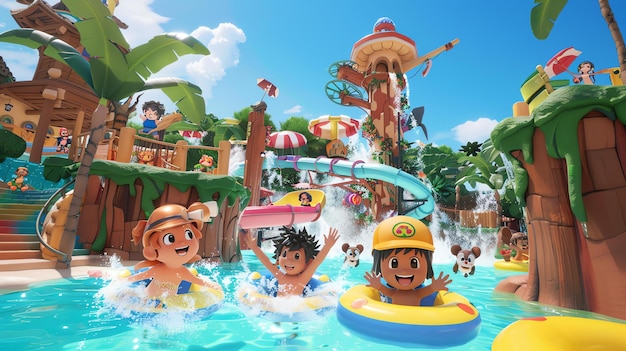 Photo this is a 3d rendering of a fun and colorful water park the park has a variety of water slides a lazy river and a wave pool