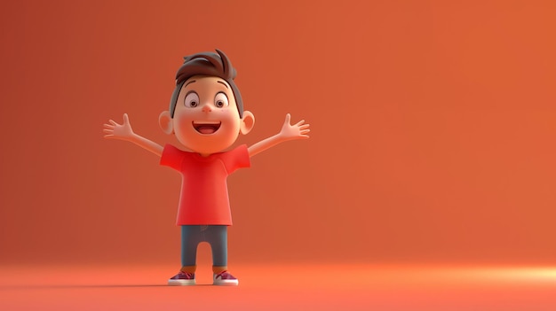 Foto questo è un rendering 3d di un ragazzo felice dei cartoni animati che indossa una camicia rossa e jeans blu, ha le braccia stese e sorride.