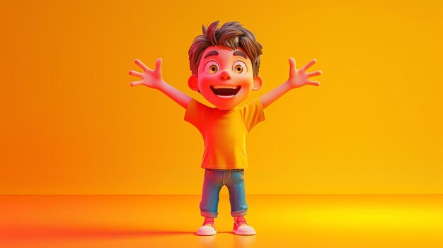 This is a 3D rendering of a happy cartoon boy He is wearing a yellow shirt and blue jeans