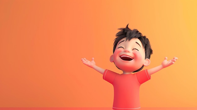 This is a 3D rendering of a happy child The child is wearing a red shirt and has his arms raised in the air