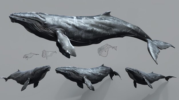 This is a 3D rendering of a humpback whale The whale is shown in a variety of poses including swimming breaching and feeding